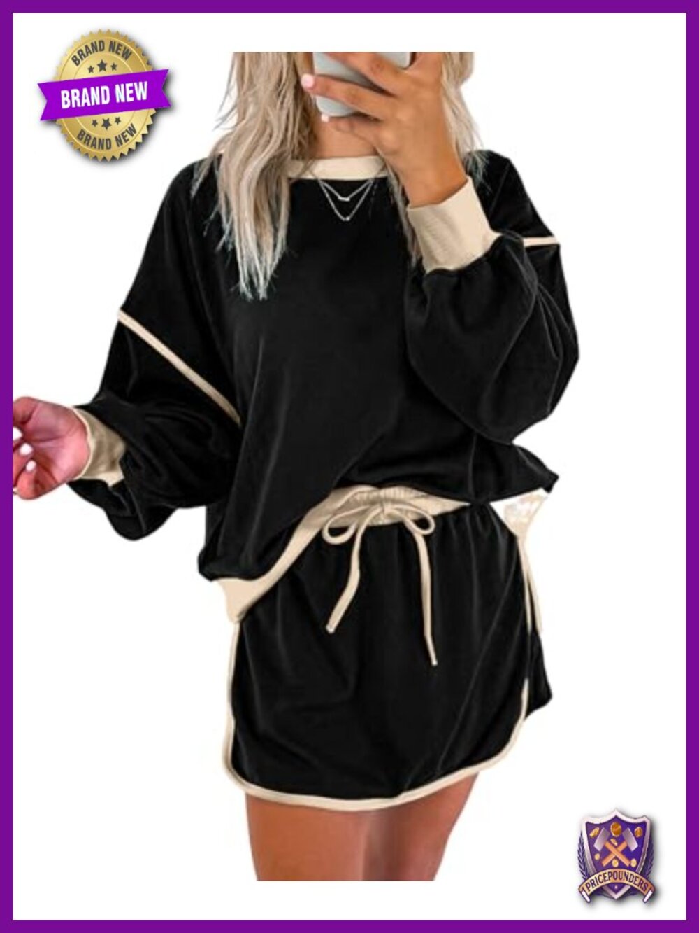Women's 2 Piece Lounge Set Skort Outfit Colorblock Long Sleeve Pullover Relaxed